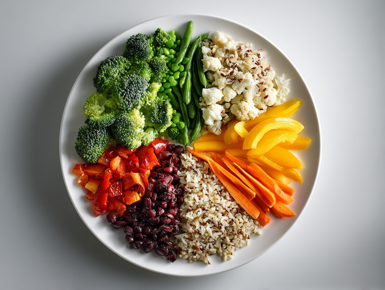 Різноманітні свіжі продукти - овочі, фрукти, зерна та білки, розкладені естетично